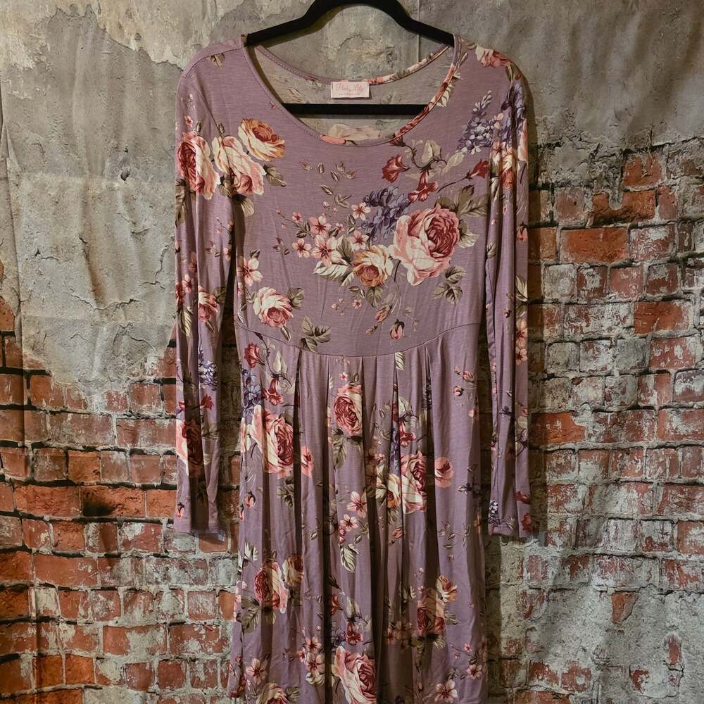 Pink Lily Long Sleeve Floral Print Pleated Dress Dusty Purple
